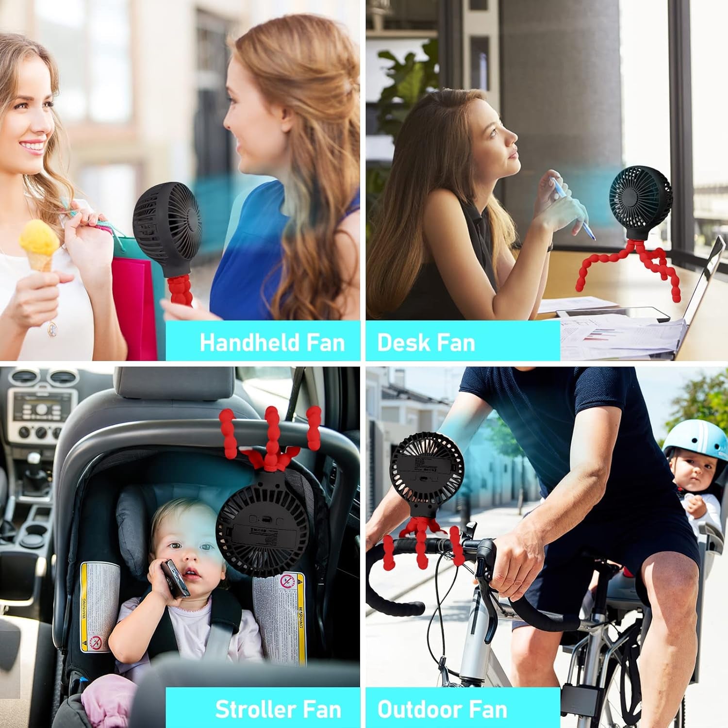 Stroller Fan Upgraded Portable Fan Versatile Fan Personal Desk Fan USB Rechargeable Fan with LED Light Flexible Tripod Design Handheld Fan 3 Speeds Baby Fan for Stroller(Black Red)