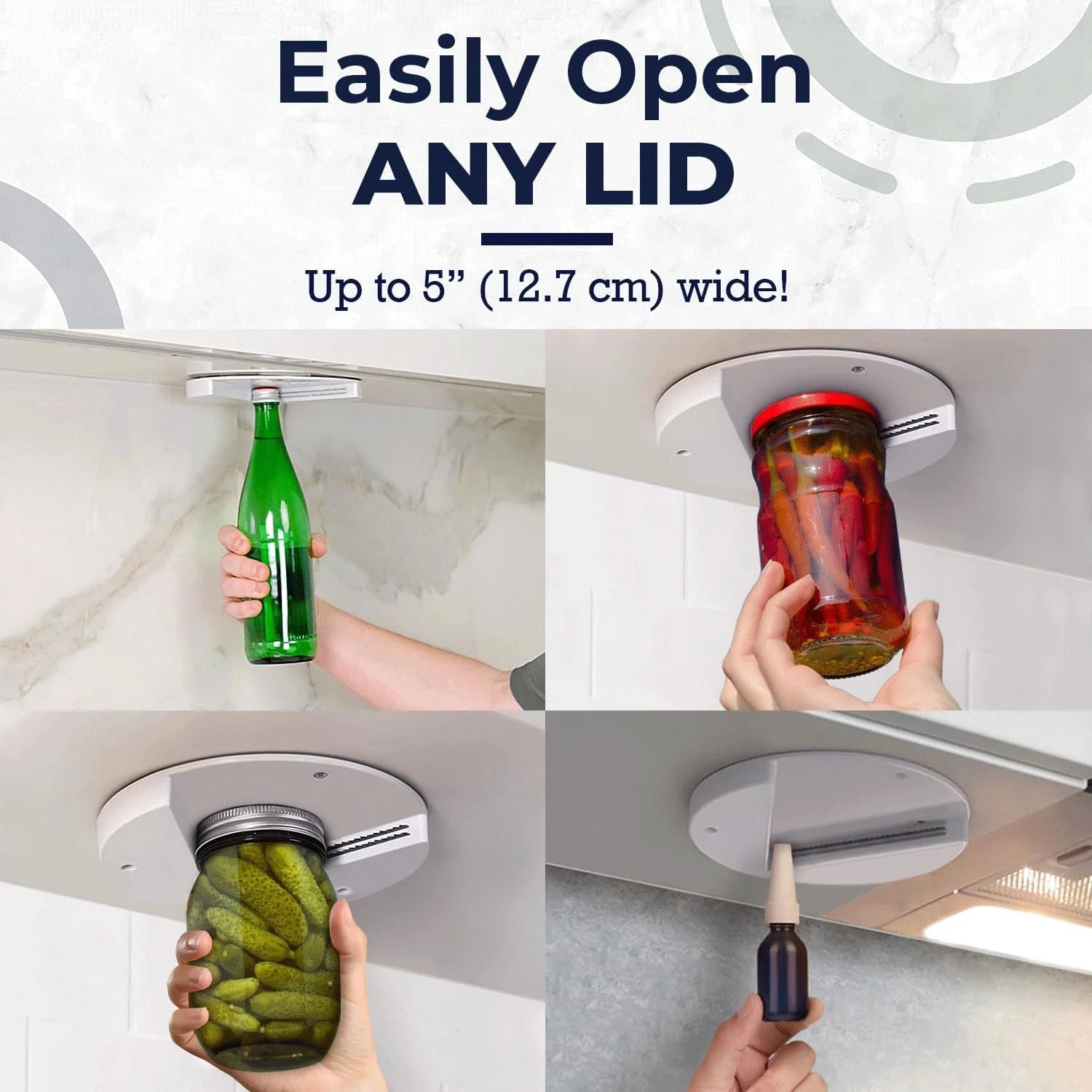 Jar Opener - under Cabinet Jar Lid & Bottle Opener - Opens Any Size Jar