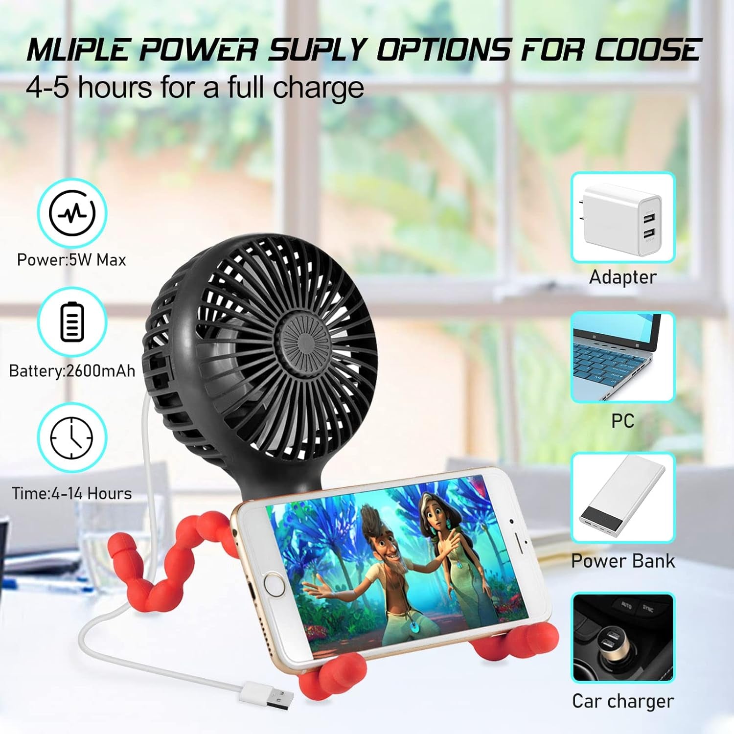 Stroller Fan Upgraded Portable Fan Versatile Fan Personal Desk Fan USB Rechargeable Fan with LED Light Flexible Tripod Design Handheld Fan 3 Speeds Baby Fan for Stroller(Black Red)