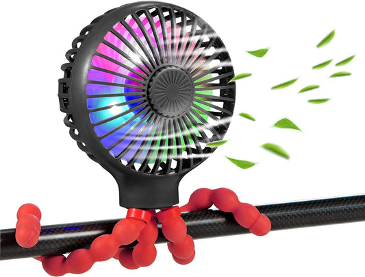 Stroller Fan Upgraded Portable Fan Versatile Fan Personal Desk Fan USB Rechargeable Fan with LED Light Flexible Tripod Design Handheld Fan 3 Speeds Baby Fan for Stroller(Black Red)